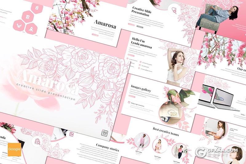 30页国外创意花纹图形女性美容护肤行业Google slides模板 5种主题配色 - 顶尖PPT