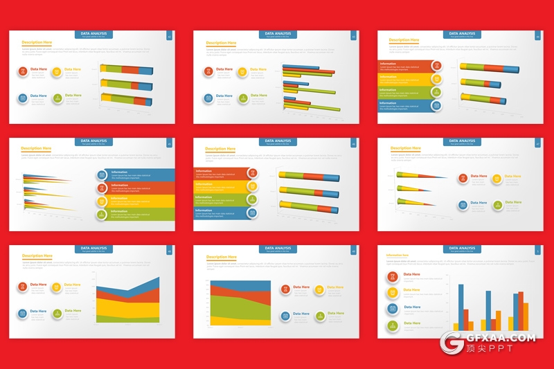 63页条形图柱形图锥形饼形图折线图商务图形设计ppt模板 - 顶尖PPT