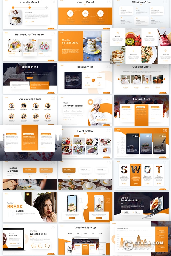 57页高端设计风格餐饮美食介绍欧美PPT模板 10种主题配色2种底色 - 顶尖PPT