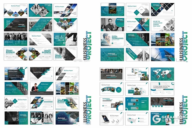 101页蓝绿渐变风格创意图形组合商务多用途PPT模板 - 顶尖PPT