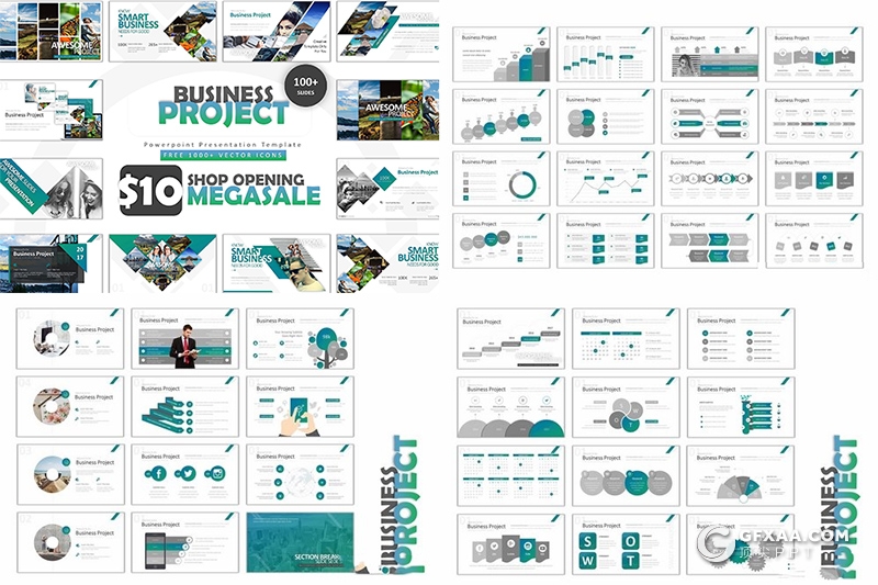 101页蓝绿渐变风格创意图形组合商务多用途PPT模板 - 顶尖PPT