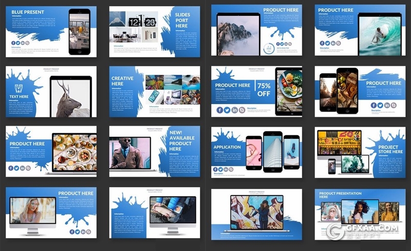 43页蓝色泼墨笔刷图形设计摄影图片展示ppt模板 - 顶尖PPT