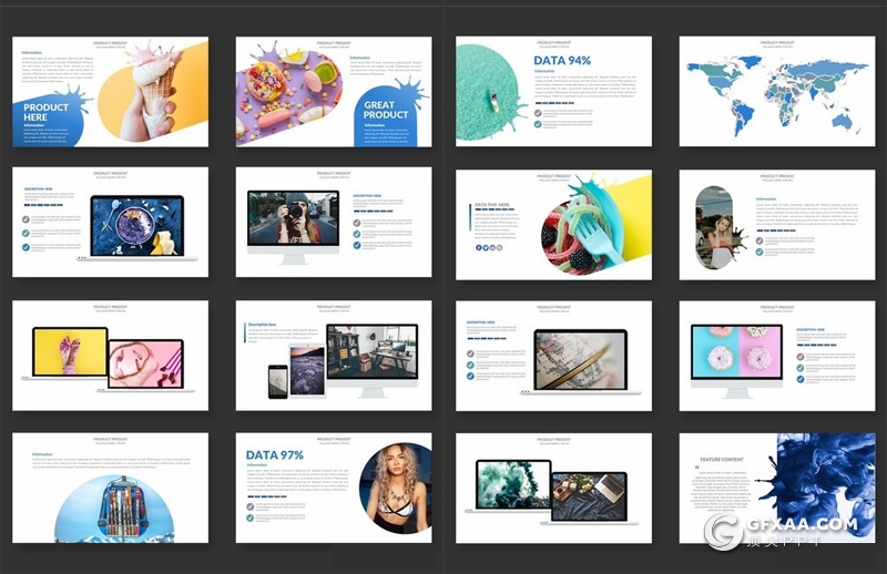 43页蓝色泼墨笔刷图形设计摄影图片展示ppt模板 - 顶尖PPT