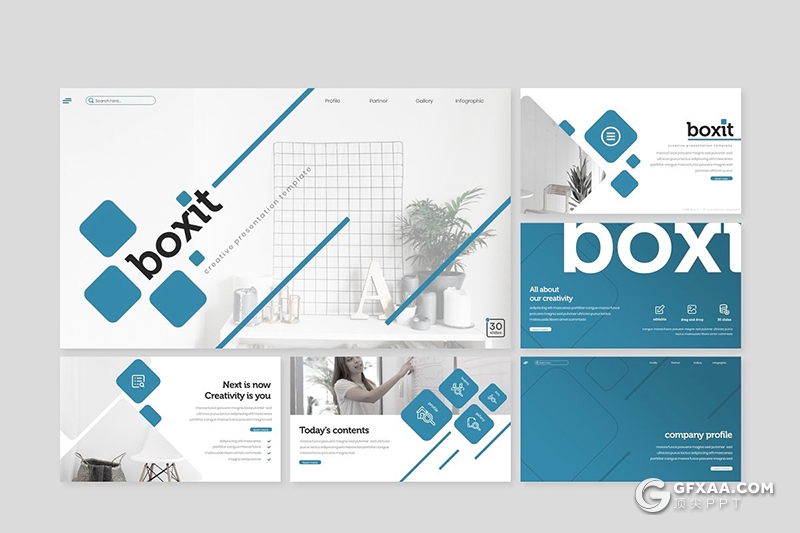 30页圆角矩形组合设计国外商务风格ppt模板 5种配色 - 顶尖PPT
