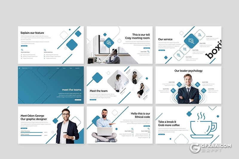 30页圆角矩形组合设计国外商务风格ppt模板 5种配色 - 顶尖PPT