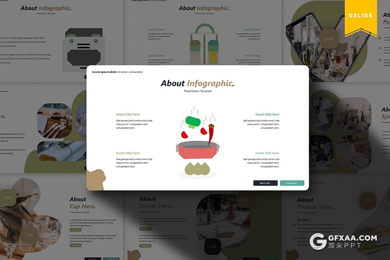 30页5种配色创意图形西式餐饮介绍分析Google slides模板 - 顶尖PPT