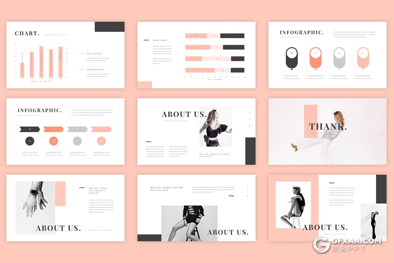 30页粉色简约文艺风格摄影模特展示ppt模板 - 顶尖PPT