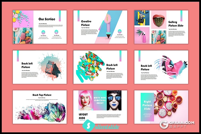 53页荧光绿紫渐变时尚流行风格PPT模板 - 顶尖PPT