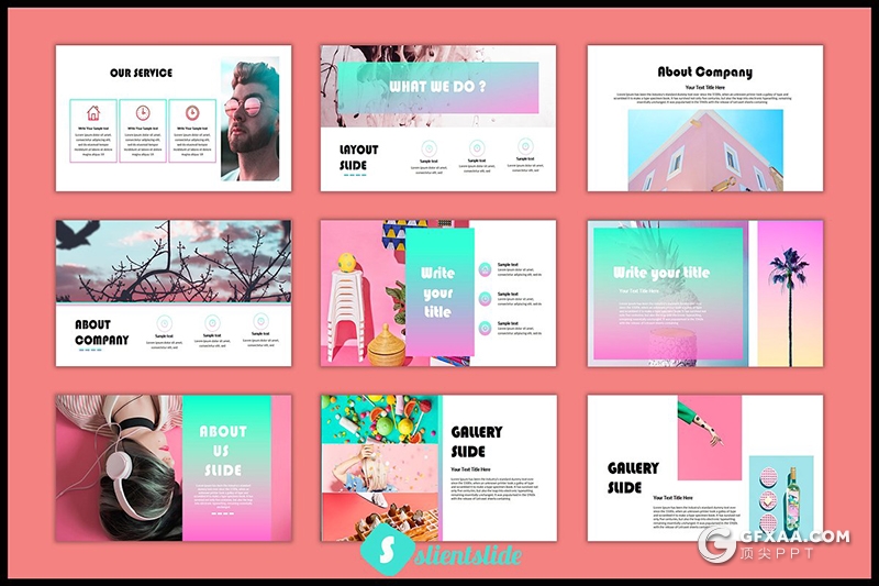 53页荧光绿紫渐变时尚流行风格PPT模板 - 顶尖PPT