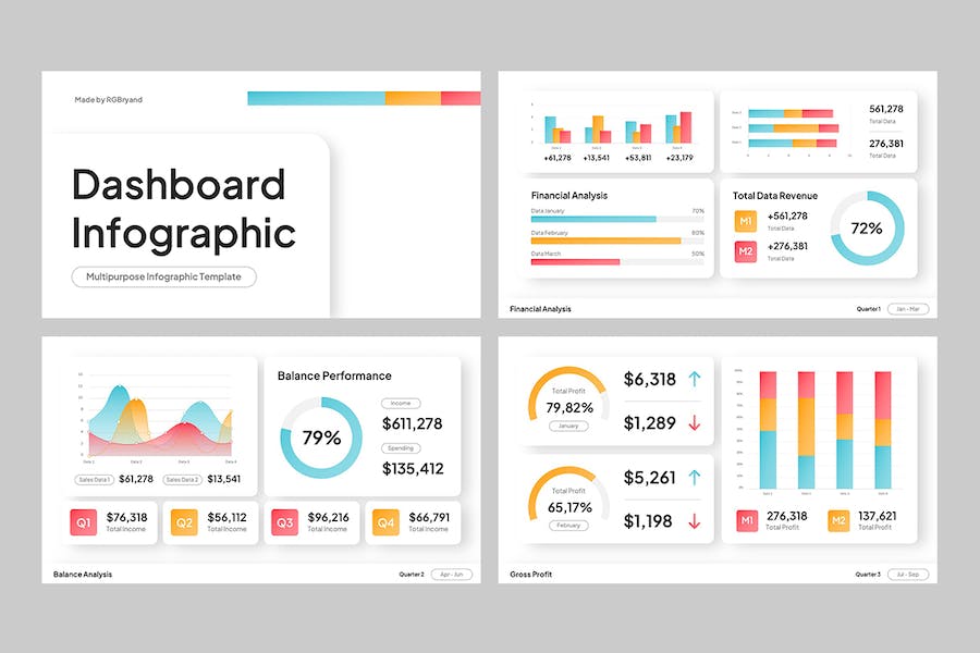 彩色渐变数据统计图形图表PPT圆形柱形折线图形PPT模板 - 顶尖PPT