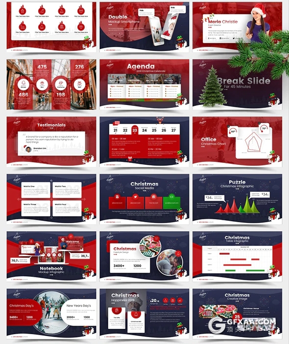 75页精美圣诞节喜庆PPT模板 预设5种配色94个XML配色文件 - 顶尖PPT
