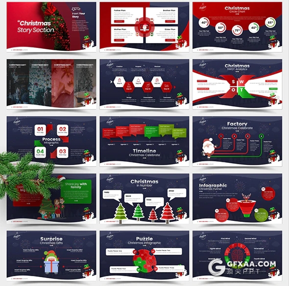 75页精美圣诞节喜庆PPT模板 预设5种配色94个XML配色文件 - 顶尖PPT