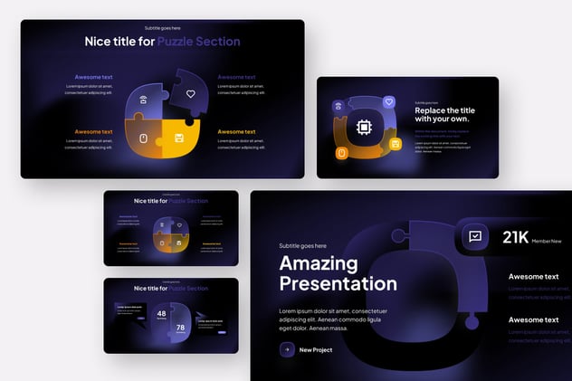 透明毛玻璃质感积木拼图图形PPT模板 - 顶尖PPT