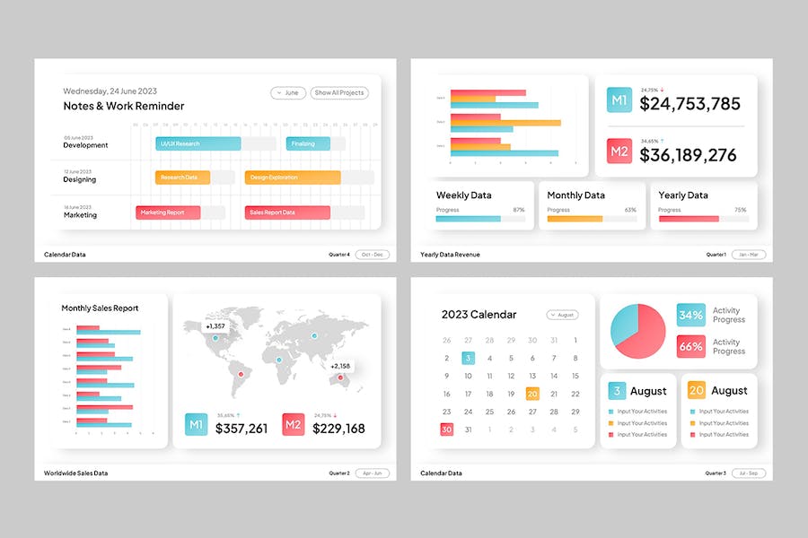 彩色渐变数据统计图形图表PPT圆形柱形折线图形PPT模板 - 顶尖PPT