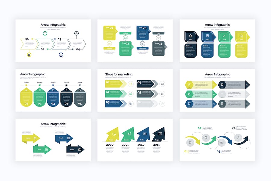 绿色商业箭头流程图信息图PPT模板 - 顶尖PPT