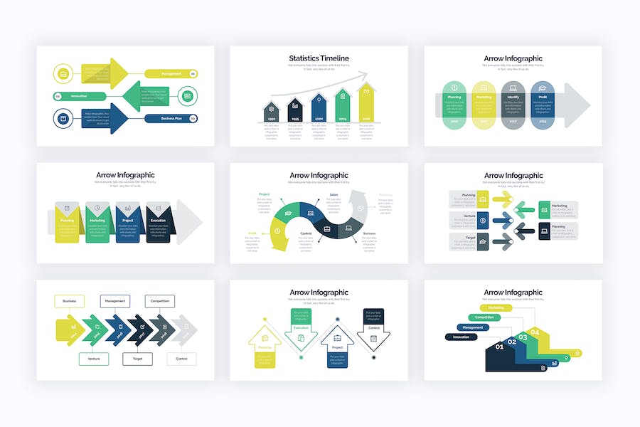 绿色商业箭头流程图信息图PPT模板 - 顶尖PPT