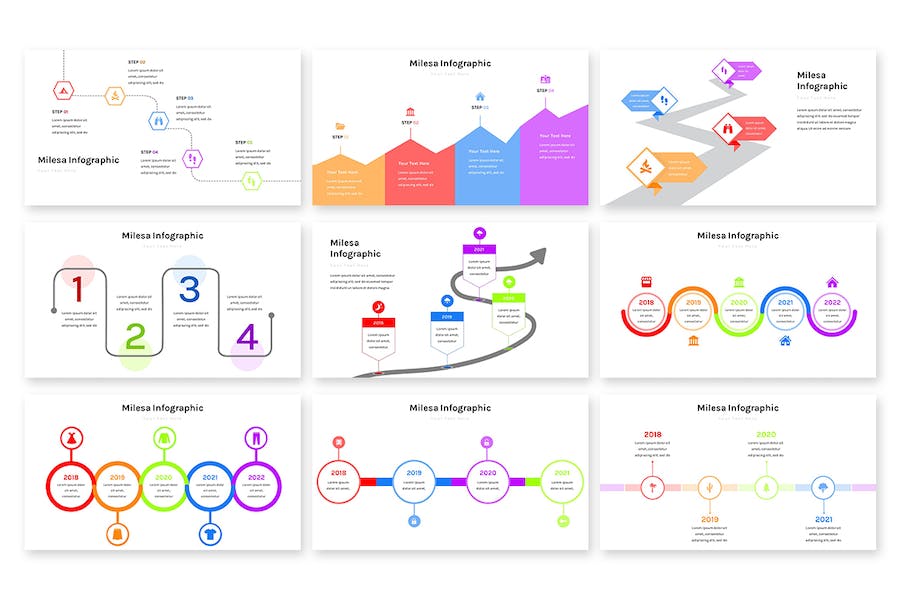 彩色步骤流程信息图形数据展示PPT模板 - 顶尖PPT