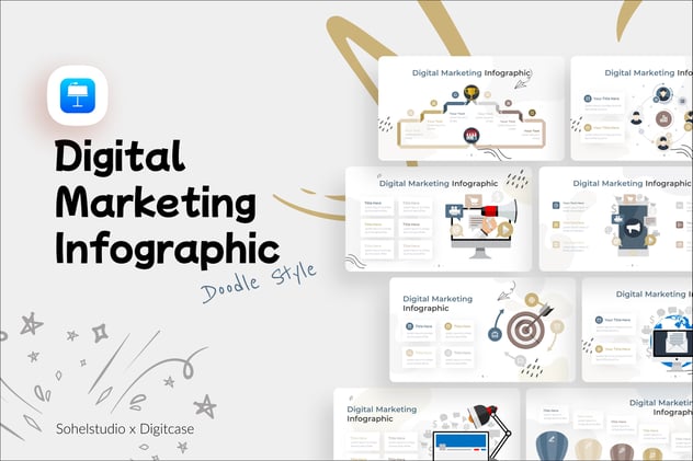 涂鸦风格数字营销图形插画keynote模板 - 顶尖PPT
