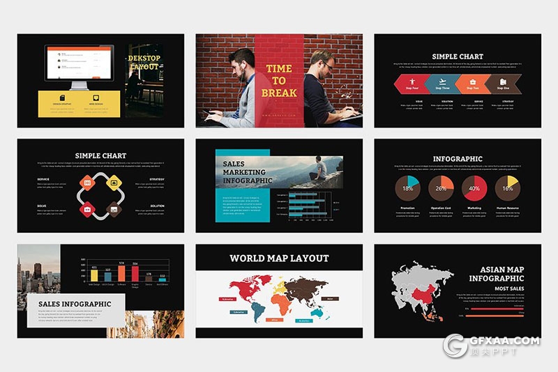 62页黑白两种底色扁平化商务通用PPT模板 - 顶尖PPT