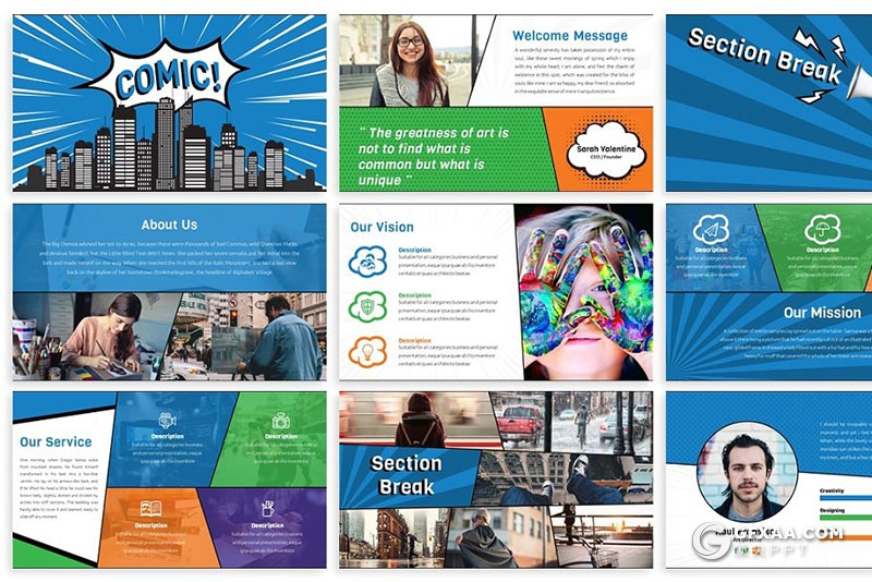 30页卡通漫画风格PPT模板 6种配色2种尺寸规格 - 顶尖PPT