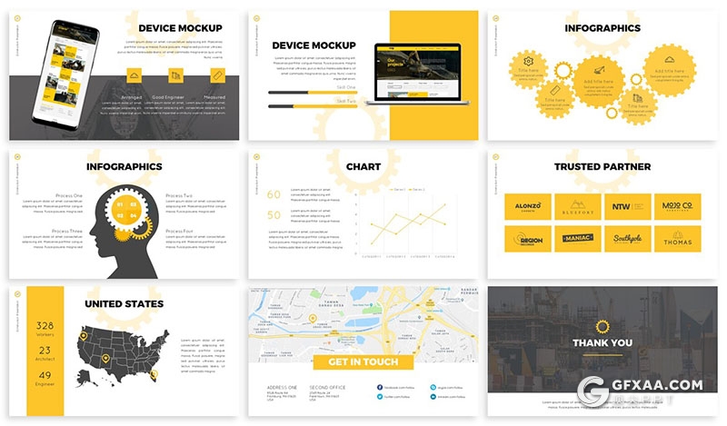 30页3种配色机械工程企业介绍工作汇报Google slides模板 2种尺寸规格 - 顶尖PPT