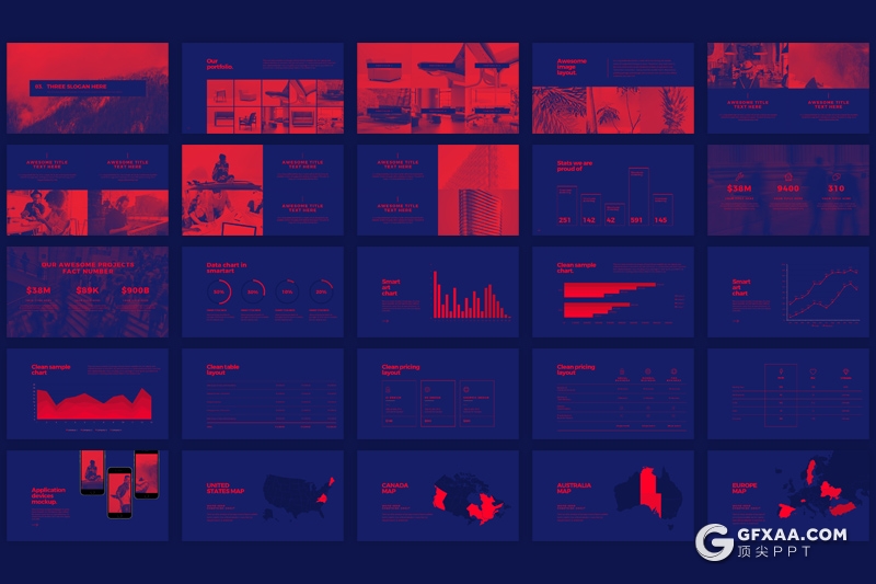 133页红紫商务图形工作汇报PPT模板 22个XML配色文件 附PS动作图片颜色转换 - 顶尖PPT