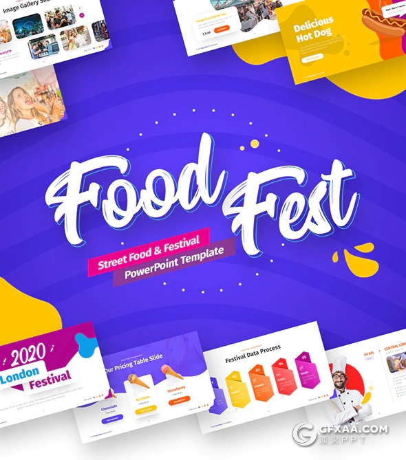 81页最美创意图形PPT模板美食餐饮ppt  11种配色2种尺寸94个XML配色文件 - 顶尖PPT