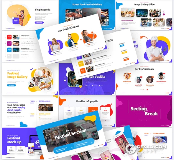 81页最美创意图形PPT模板美食餐饮ppt  11种配色2种尺寸94个XML配色文件 - 顶尖PPT