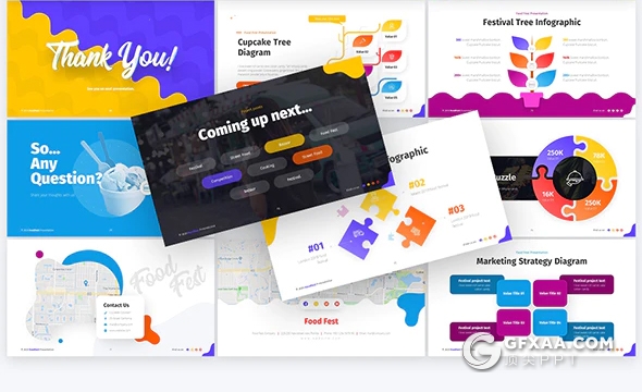 81页最美创意图形PPT模板美食餐饮ppt  11种配色2种尺寸94个XML配色文件 - 顶尖PPT