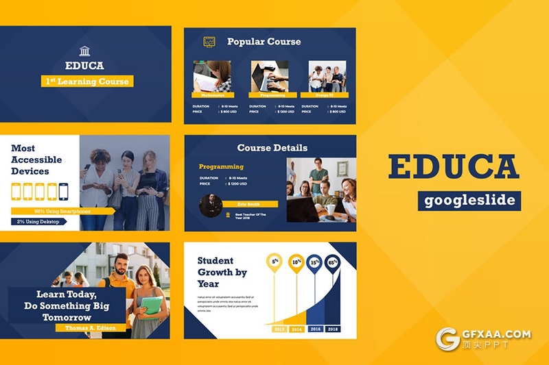 50页大学介绍展示Gslides大学生活展示Google slides模板 - 顶尖PPT