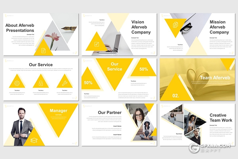 30页三角图形组合商务工作汇报ppt模板 5种主题配色 - 顶尖PPT