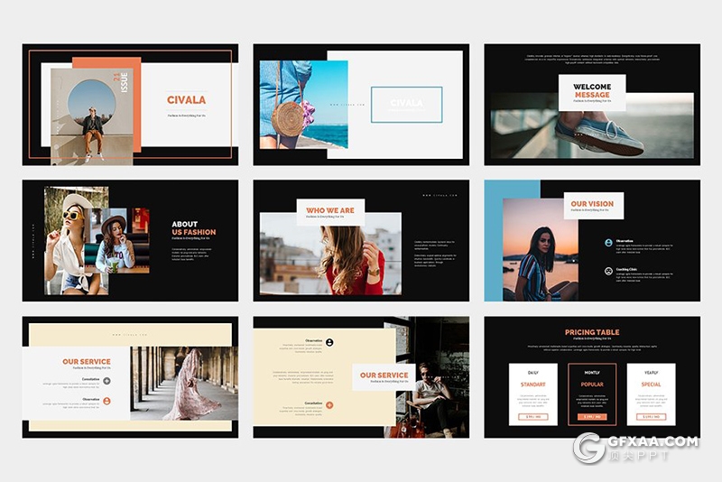 62页扁平化简约时尚风格摄影图片展示PPT模板 黑白两种底色 - 顶尖PPT