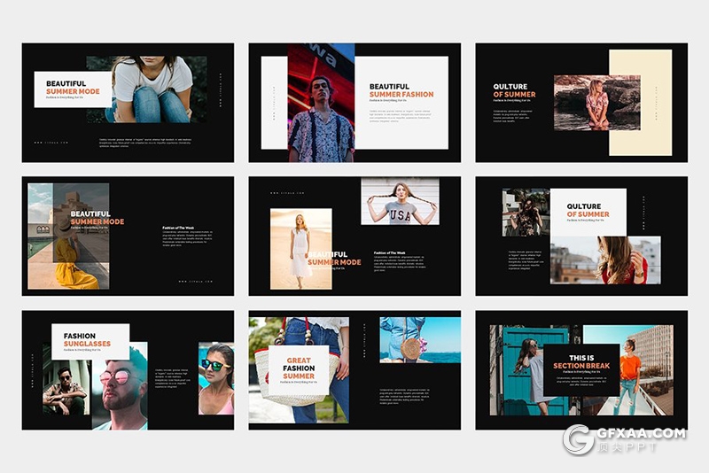 62页扁平化简约时尚风格摄影图片展示PPT模板 黑白两种底色 - 顶尖PPT