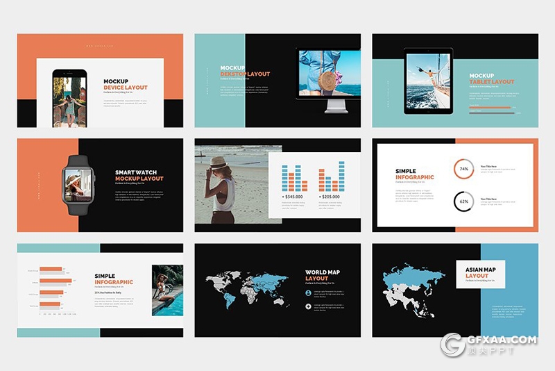 62页扁平化简约时尚风格摄影图片展示PPT模板 黑白两种底色 - 顶尖PPT