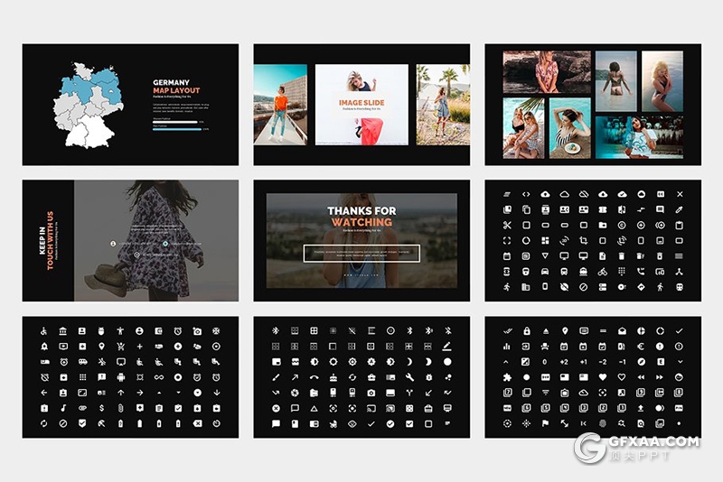 62页扁平化简约时尚风格摄影图片展示PPT模板 黑白两种底色 - 顶尖PPT