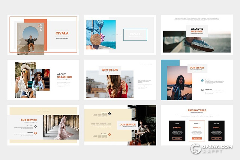 62页扁平化简约时尚风格摄影图片展示PPT模板 黑白两种底色 - 顶尖PPT