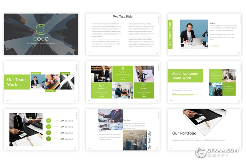 32页商务团队介绍工作分析PPT模板 5种配色4:3和16:9两种尺寸 - 顶尖PPT