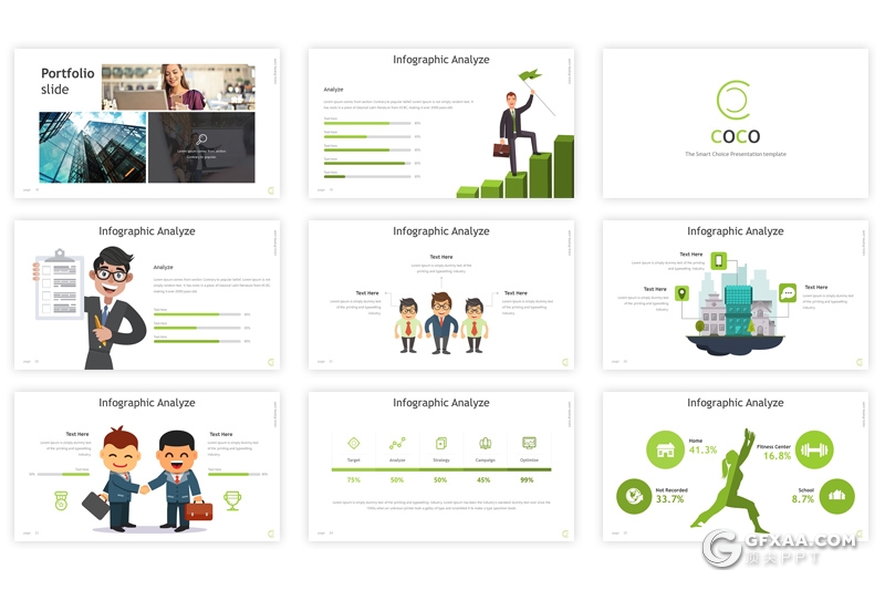 32页商务团队介绍工作分析PPT模板 5种配色4:3和16:9两种尺寸 - 顶尖PPT