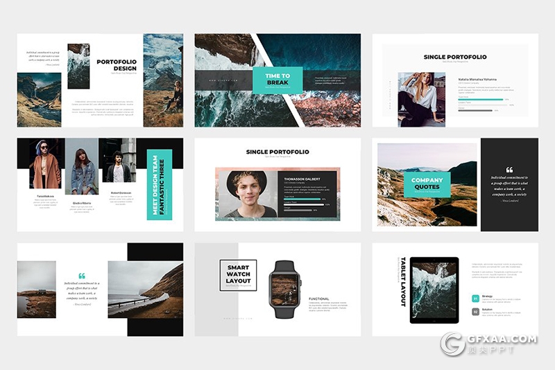 62页简约时尚风格摄影图片展示PPT模板 黑白两种底色 - 顶尖PPT