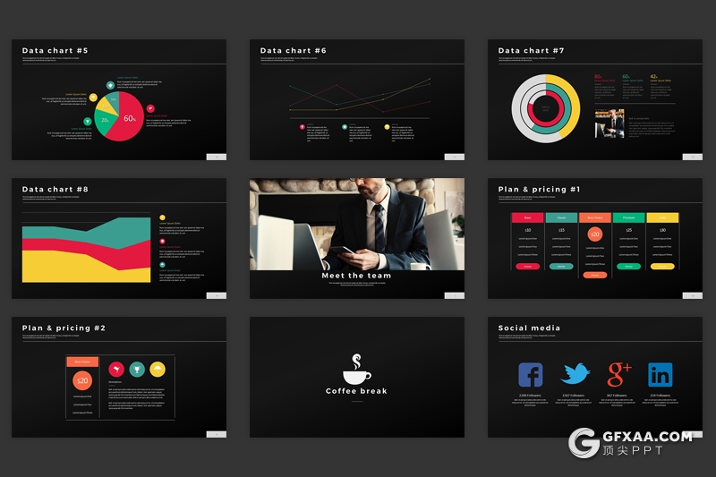 40页多种配色商务工作总结PPT模板 黑白两种底色 - 顶尖PPT