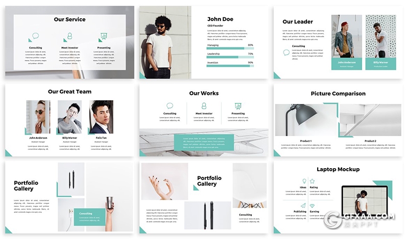 30页3种配色国外扁平化商务多用途PPT模板 - 顶尖PPT