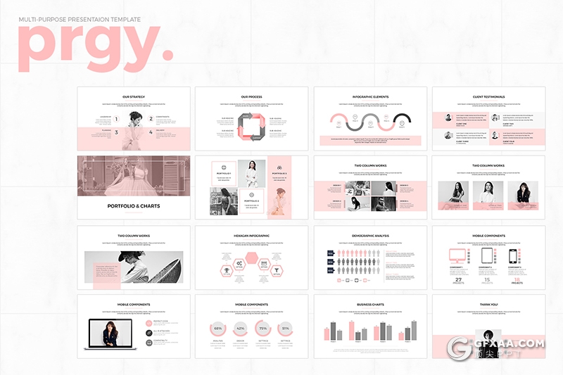 35页粉色简约时尚模特写真展示keynote模板 - 顶尖PPT