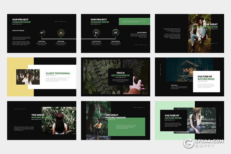 62页黑白两种底色时尚风模特摄影户外写真展示PPT模板 - 顶尖PPT