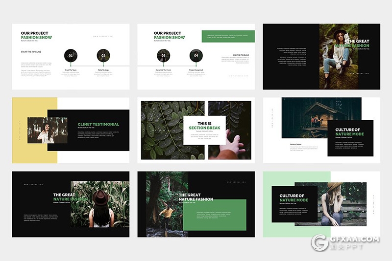 62页黑白两种底色时尚风模特摄影户外写真展示PPT模板 - 顶尖PPT
