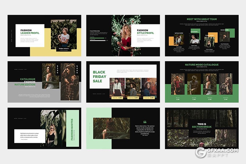 62页黑白两种底色时尚风模特摄影户外写真展示PPT模板 - 顶尖PPT