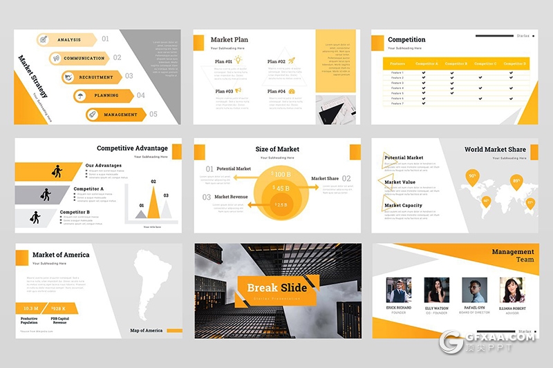 50页橙色创意多边形组合设计商务通用PPT模板 - 顶尖PPT