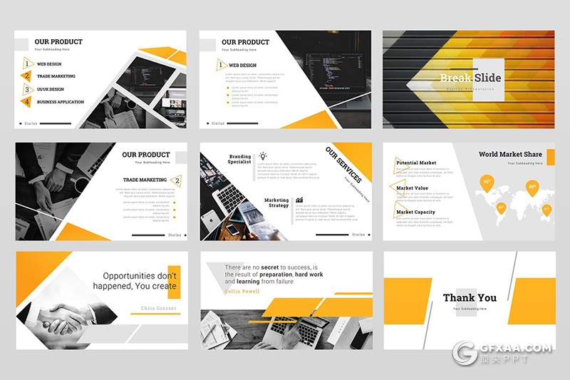 50页橙色创意多边形组合设计商务通用PPT模板 - 顶尖PPT