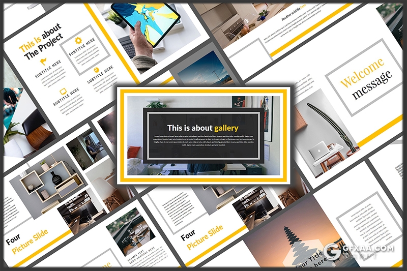 36页黄色线条搭配设计图片数据展示PPT模板 - 顶尖PPT