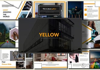 36页黄色线条搭配设计图片数据展示PPT模板 - 顶尖PPT