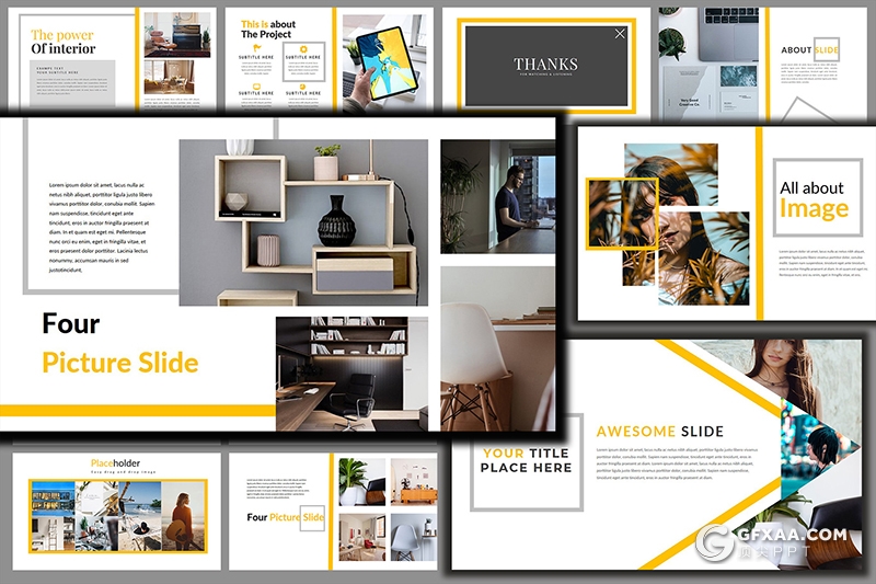 36页黄色线条搭配设计图片数据展示PPT模板 - 顶尖PPT